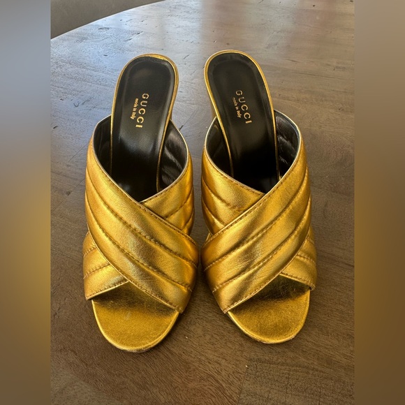 GUCCI Metallic Nappa Webby Leather Crossover Heel Slide Sandals 38.5 Oro Vecchio - Picture 8 of 12
